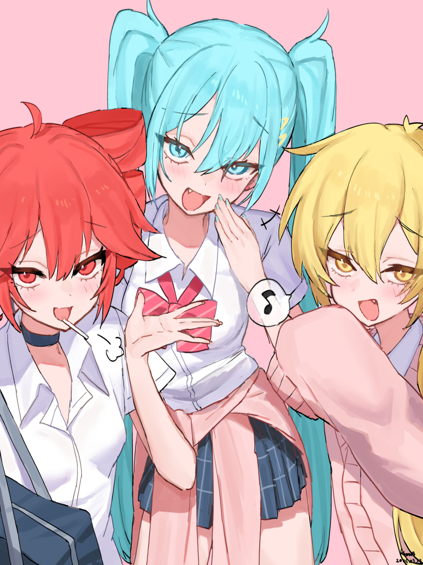 +++, 3girls, akita_neru, aqua_hair, bag, black_choker, blonde_hair, blue_bag, blue_skirt, blush, bow, bowtie, breasts, candy, cardigan, choker, clothes_around_waist, doyagao, drill_hair, eyelashes, fang, fanged_bangs, fingernails, food, hair_ornament, hairclip, hand_to_own_mouth, hatsune_miku, highres, kanimiso_uni, kasane_teto, lollipop, long_fingernails, long_hair, long_sleeves, looking_at_viewer, loose_bowtie, medium_breasts, multiple_girls, musical_note, open_mouth, pink_background, pink_bow, pink_cardigan, plaid_clothes, plaid_skirt, pleated_skirt, puff_of_air, red_eyes, red_hair, school_bag, school_uniform, shirt, side_ponytail, simple_background, skirt, sleeves_past_fingers, sleeves_past_wrists, small_breasts, smug, spoken_musical_note, striped_bow, striped_bowtie, striped_clothes, sweater, sweater_around_waist, triple_baka_(vocaloid), triple_ryuunen, twin_drills, twintails, utau, vocaloid, white_shirt, yellow_eyes, zako_(vocaloid)