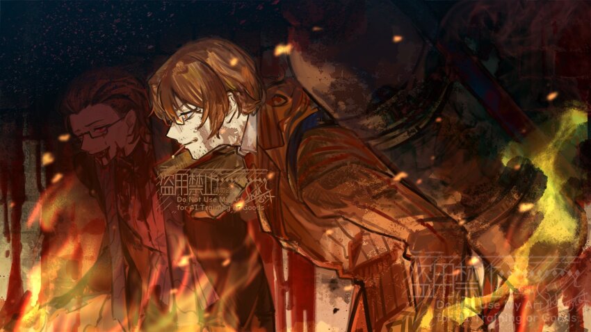 2boys, black_coat, brown_hair, brown_jacket, cigarette, coat, dual_persona, fire, firefist_office_(identity)_(project_moon), fuel_tank, gauntlets, glasses, gregor_(project_moon), hair_slicked_back, highres, jacket, la_manchaland_(identity)_(project_moon), limbus_company, long_hair, low_ponytail, multiple_boys, nishikujic, orange_eyes, ponytail, project_moon, red_eyes, striped_clothes, striped_jacket, thighhighs