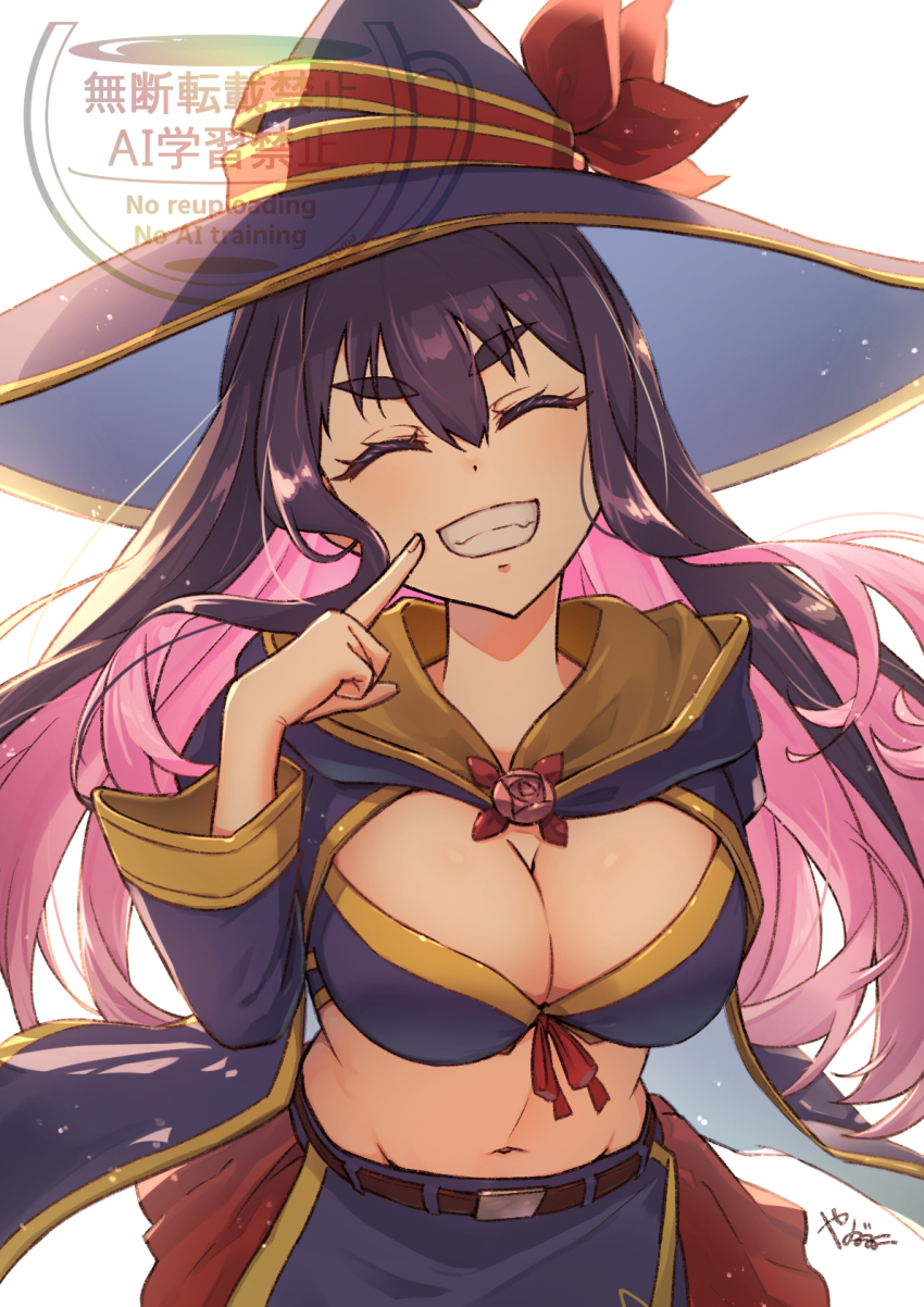 1girl, artist_name, belt, breasts, cape, cleavage, closed_eyes, female_focus