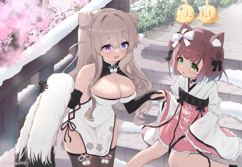 2girls, animal_ear_fluff, animal_ears, architecture, artist_name, azur_lane, baby_animal, bare_shoulders