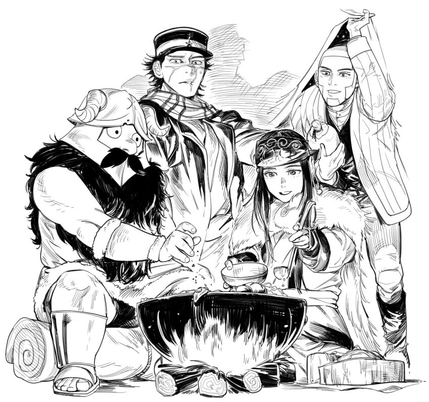 1girl, 3boys, ainu, ainu_clothes, asirpa, bandana, beard, beard_over_mouth