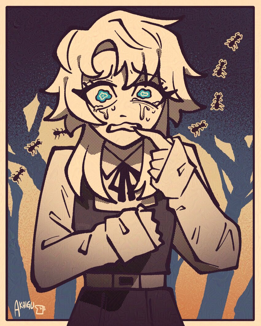 1girl, absurdres, akaiguarts, ant, blue_eyes, bug, chainsaw_man, collared_shirt