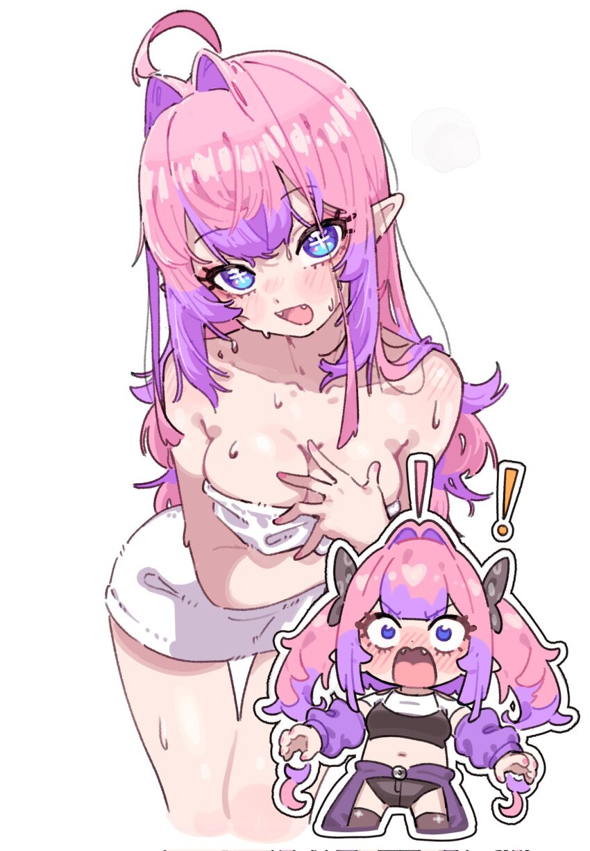 1girl, ahoge, bare_shoulders, blue_eyes, blush, breasts, cleavage, collarbone, crop_top, fang, fugota6509, hair_down, hair_intakes, highres, hololive, hololive_dev_is, kikirara_vivi, long_hair, medium_breasts, multiple_views, naked_towel, open_mouth, pink_hair, pointy_ears, simple_background, solo, towel, twintails, virtual_youtuber, wet, white_background