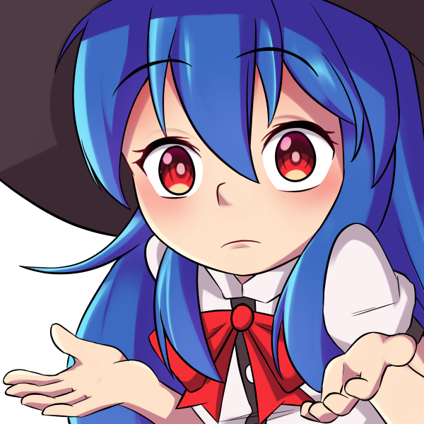 1girl, black_hat, blue_hair, bmkro, bow, bowtie, closed_mouth, colored_mouth