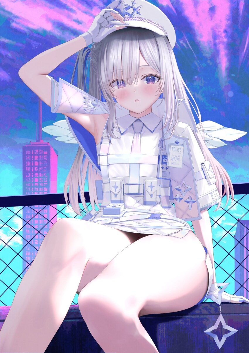 1girl, absurdres, adjusting_clothes, adjusting_headwear, amane_kanata, amane_kanata_(heavenly_guard_mission), angel_wings, arale_(ara1e)