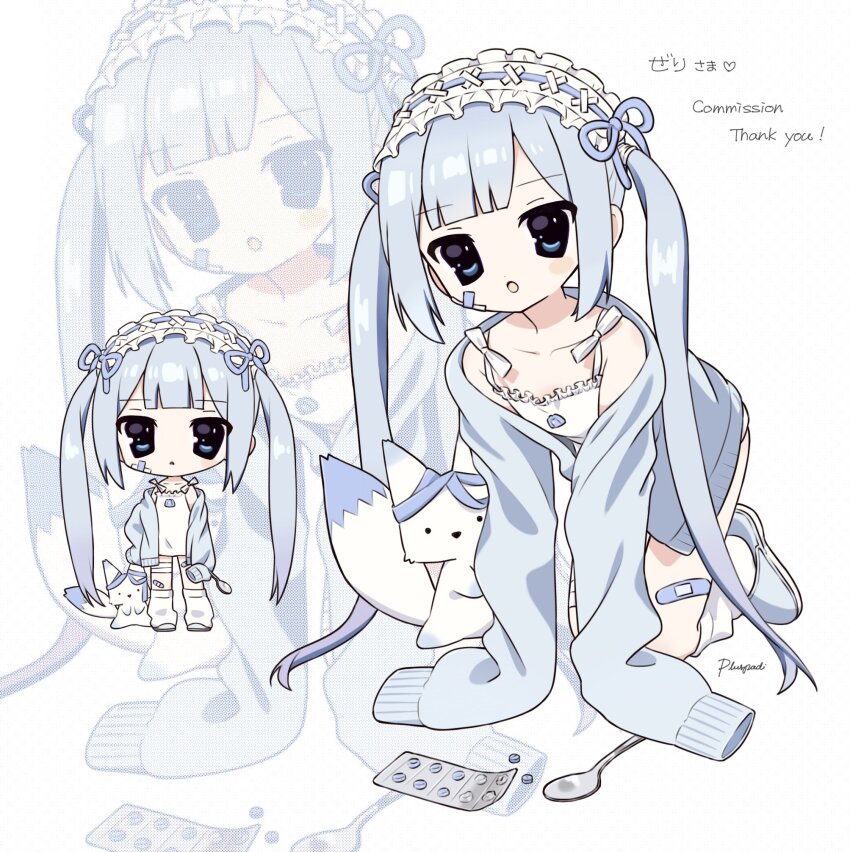 1girl, 2000s_(style), :o, all_fours, bandaid, blue_eyes, blue_hair, blue_theme