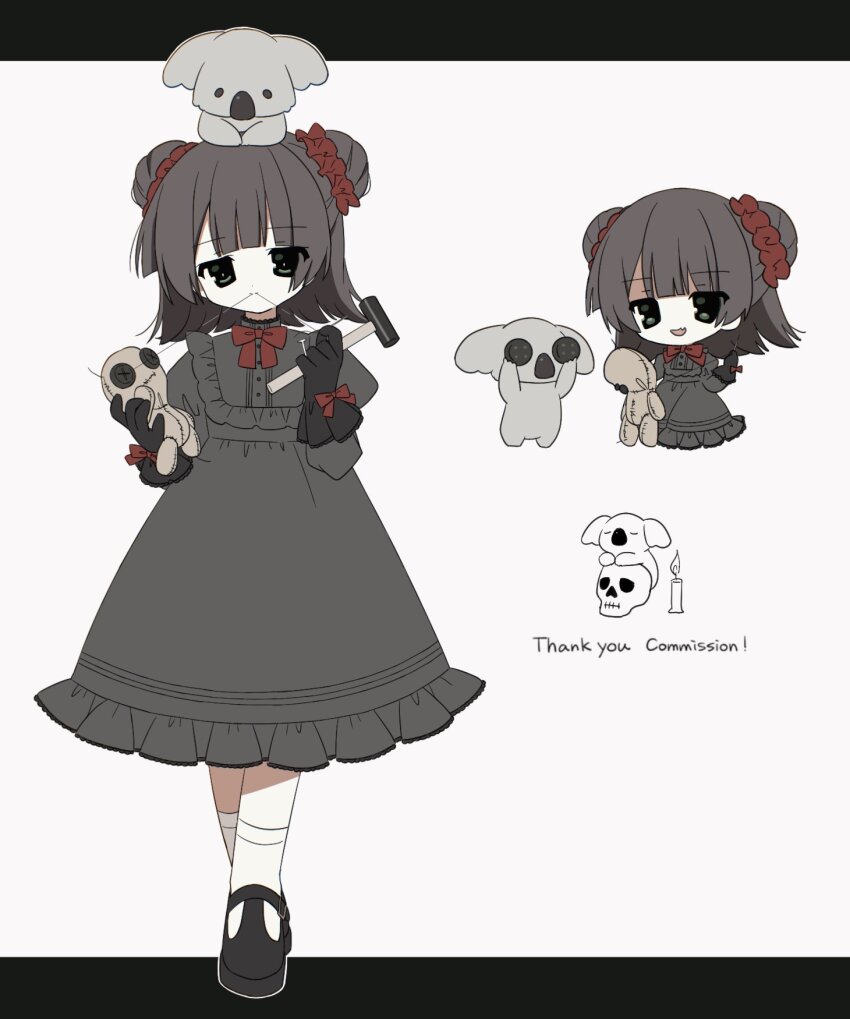 1girl, black_dress, bob_cut, bow, brown_hair, commentary, commission, double_bun