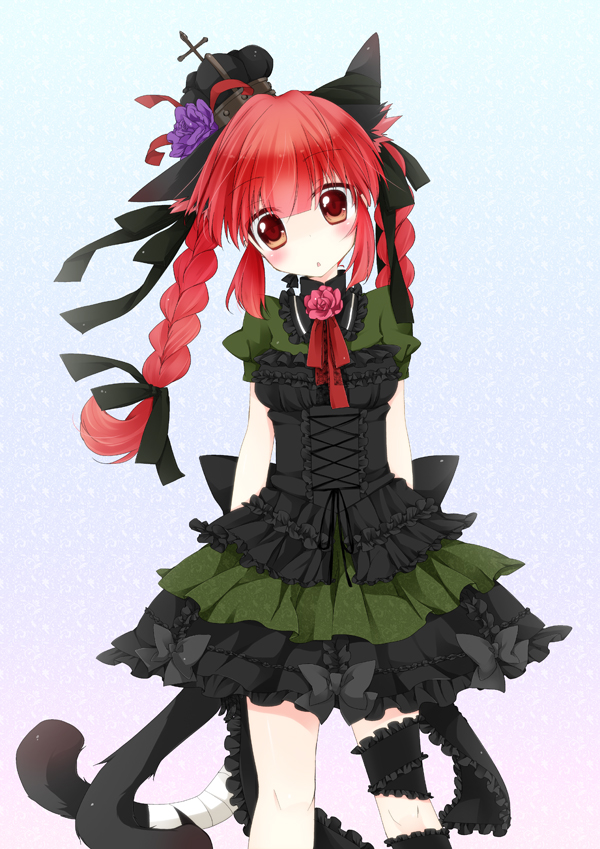 1girl, animal_ears, black_dress, blush, braid, cat_ears, cat_girl, cat_tail