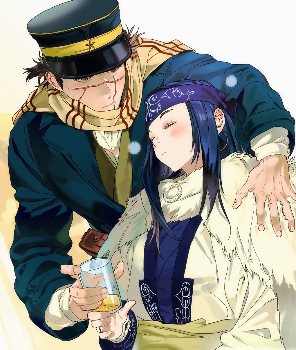 1boy, 1girl, ainu, ainu_clothes, asirpa, bandana, blush, brown_eyes