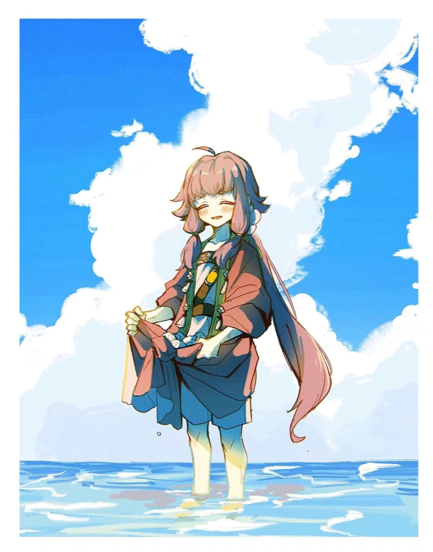 1boy, ahoge, blue_sky, blush, chatan_nakiri_(touken_ranbu), chinese_commentary, closed_eyes, cloud