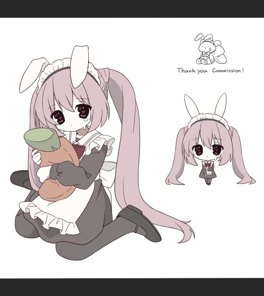 animal_ears, apron, black_pantyhose, bow, commission, crying, crying_with_eyes_open, dress