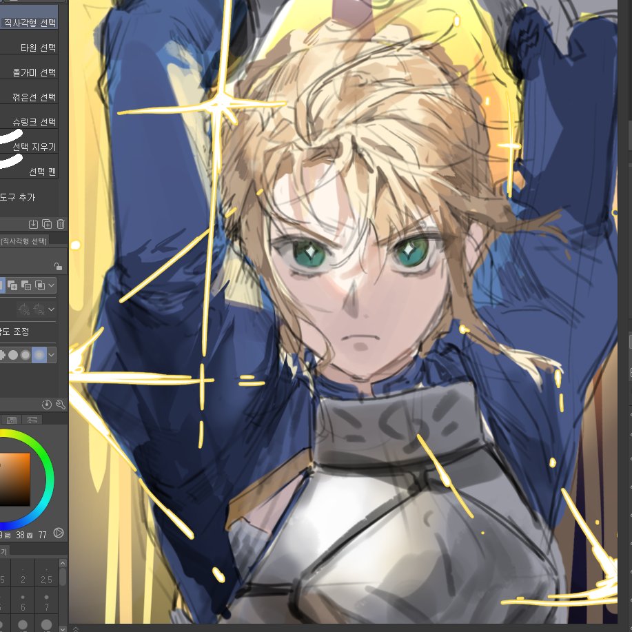 1girl, armor, armored_dress, art_program_in_frame, artoria_pendragon_(fate), blonde_hair, dress, fate/grand_order, fate/stay_night, fate_(series), fighting_stance, green_eyes, potato_goril, rubbing_eyes, saber_(fate), sketch, solo