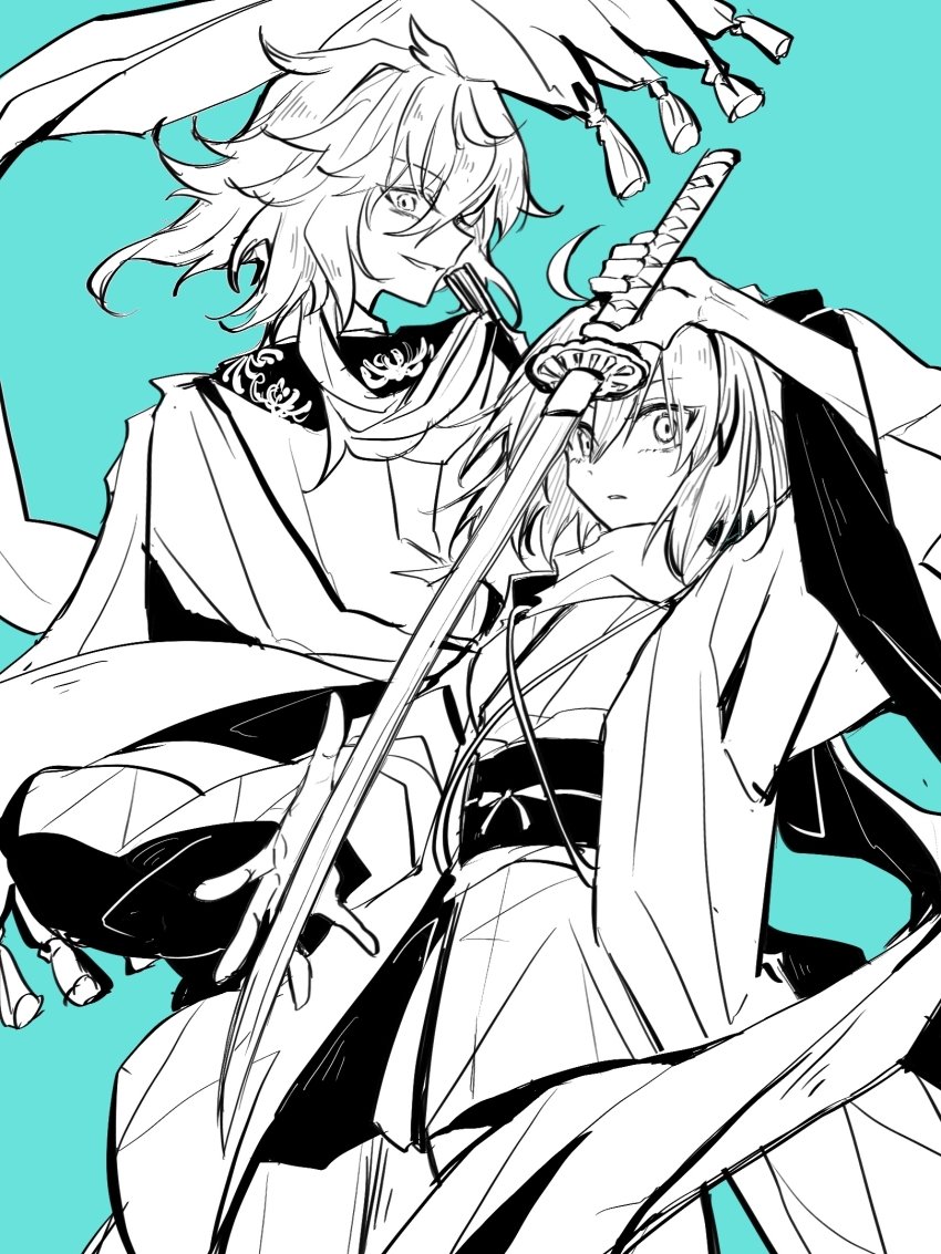 1boy, 1girl, aqua_background, arm_up, chinese_commentary, commentary_request, crossover, fate/grand_order