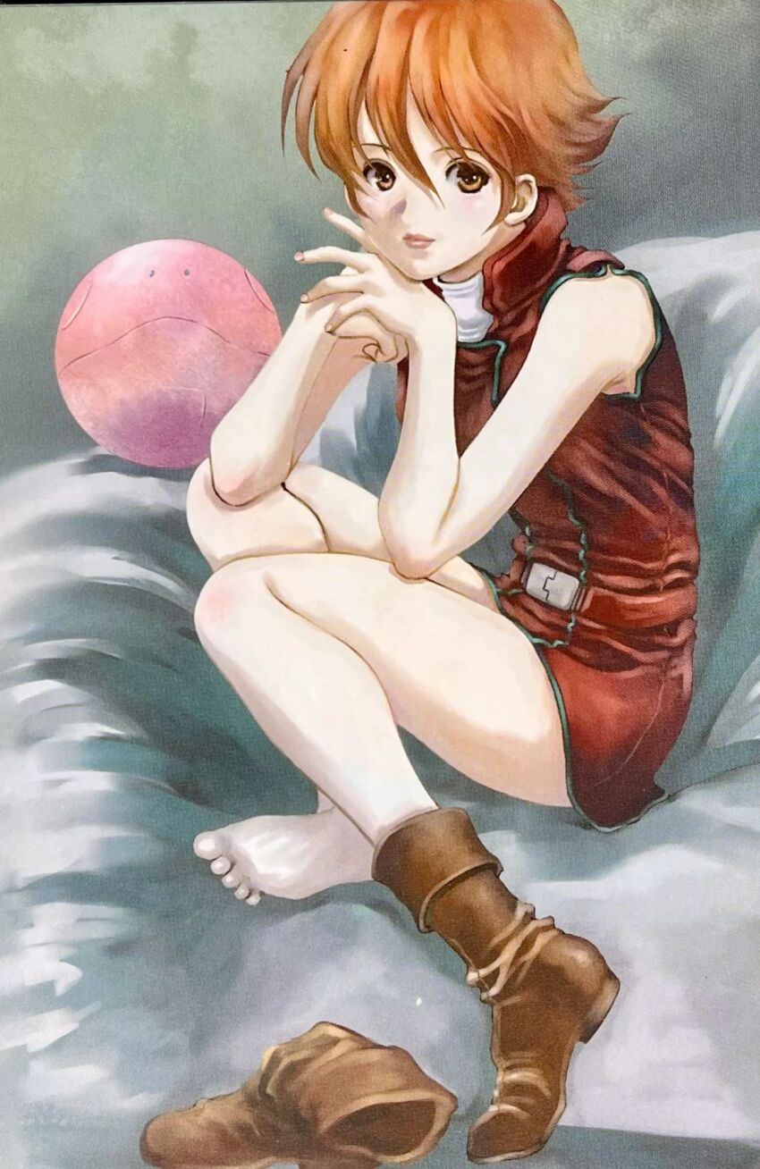 1girl, aeug, aged_up, asuna_elmarit, bare_shoulders, barefoot, bed, bed_sheet