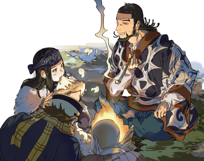 1girl, 3boys, ainu, ainu_clothes, asirpa, beard, buzz_cut, campfire