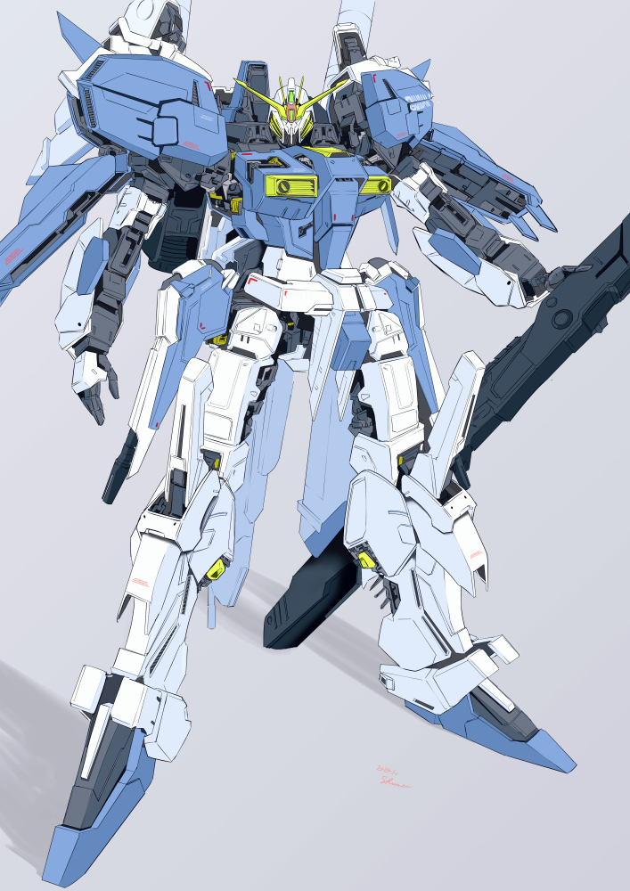 beam_rifle, commentary_request, dated, energy_gun, gundam, gundam_sentinel, kurashou_shumei, looking_at_viewer