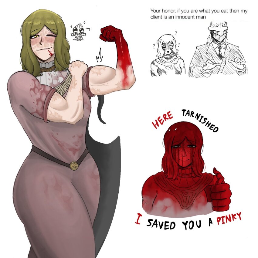 1girl, anastasia_(elden_ring), anastasia_tarnished-eater, better_call_saul, biceps, blonde_hair, blood, blood_on_clothes, blood_on_hands, bloody_wolf_(elden_ring), blush, breaking_bad, chibi, elden_ring, english_text, eyegotboner, flexing, formal_clothes, highres, muscular, muscular_female, robe, severed_finger, solo, sparkle, suit, tarnished_(elden_ring), white_background