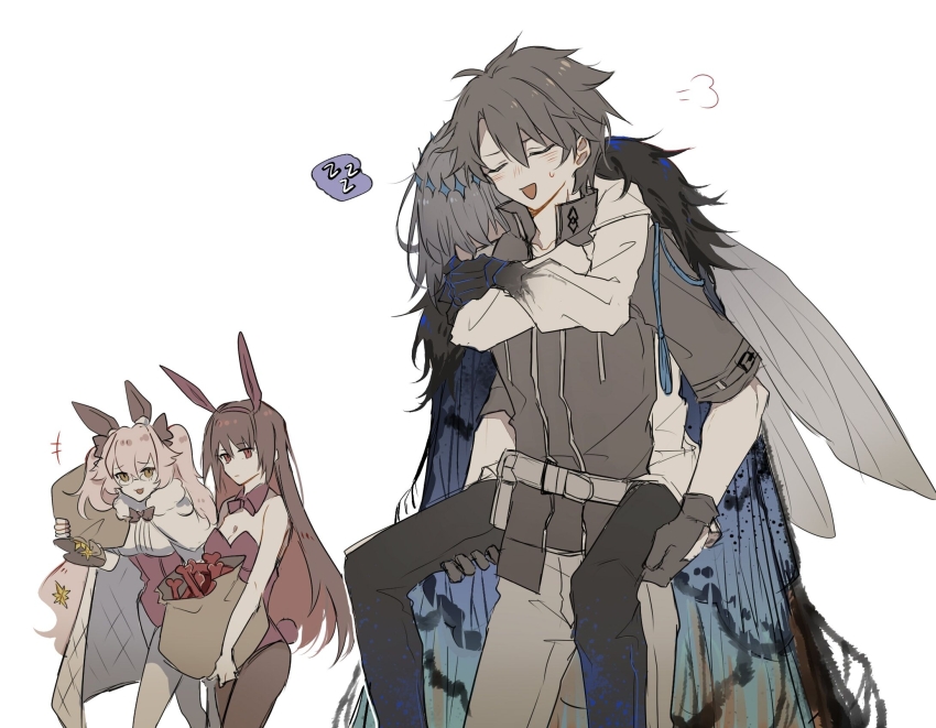 +++, 2boys, 2girls, animal_ears, bag, belt, black_bow, black_bowtie