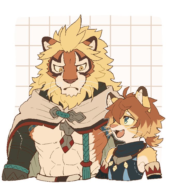 2boys, abs, animal_ears, bara, blue_eyes, closed_mouth, fangs, furry