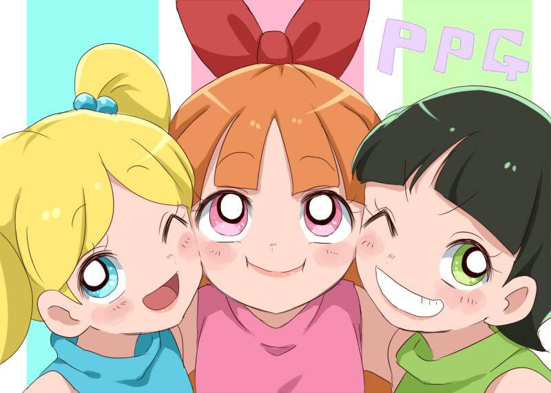 3girls, black_hair, blonde_hair, blossom_(ppg), blue_background, blue_dress, blue_eyes, blunt_bangs, bow, bubbles_(ppg), buttercup_(ppg), child, commentary, dress, green_background, green_dress, green_eyes, grin, hair_bow, long_hair, looking_at_viewer, multiple_girls, nuntaso, open_mouth, orange_hair, parted_bangs, pink_background, pink_dress, pink_eyes, powerpuff_girls, siblings, side-by-side, sisters, smile, twintails