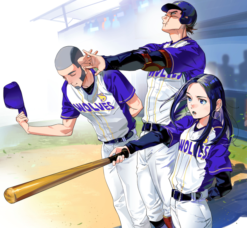 1girl, 2boys, :o, asirpa, baseball, baseball_bat, baseball_cap, baseball_helmet