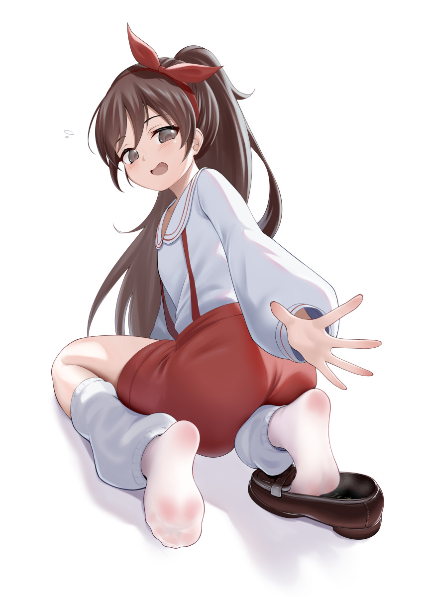 1girl, absurdres, arm_behind_back, brown_hair, feet, hair_ribbon, highres, j.c.14