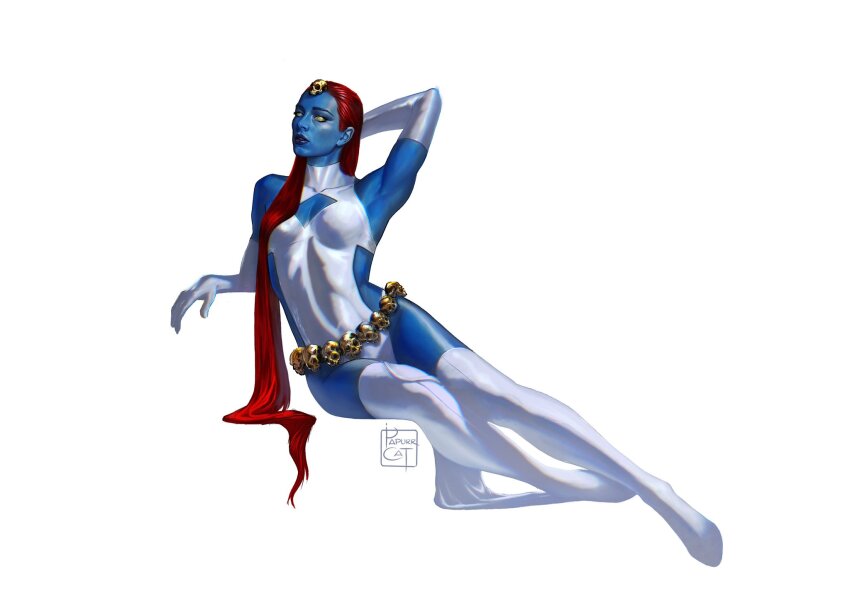 1girl, artist_name, blue_skin, boots, cleavage_cutout, clothing_cutout, colored_skin, elbow_gloves, gloves, hair_ornament, highres, leotard, long_hair, marvel, mystique, papurrcat, red_hair, simple_background, skull_belt, skull_hair_ornament, sleeveless_turtleneck_leotard, solo, thigh_boots, white_background, white_boots, white_gloves, white_leotard, x-men