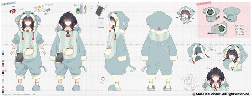 1girl, animal_hood, black_hair, bracelet, candy, chibi, color_guide, colored_inner_hair, commentary, copyright_notice, english_commentary, food, full_body, glasses, grey-framed_eyewear, grey_background, grey_shoes, heart, highres, hood, hood_up, jewelry, lollipop, mivi_aivori, multicolored_hair, multiple_views, official_art, pink_eyes, pink_hair, reference_sheet, saipaco, second-party_source, shoes, sleeves_past_fingers, sleeves_past_wrists, slippers, standing, symbol_in_eye, tablet_pc, translation_request, v&amp;u_entertainment, virtual_youtuber