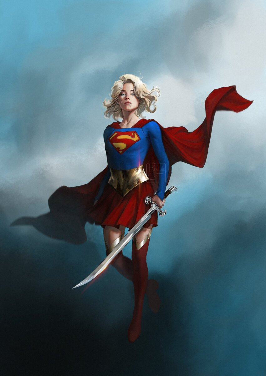 1girl, blonde_hair, blue_eyes, blue_shirt, boots, cape, dc_comics, highres, holding, holding_sword, holding_weapon, looking_at_viewer, miniskirt, papurrcat, print_shirt, red_boots, red_cape, red_skirt, shirt, skirt, solo, supergirl, superman_(series), superman_logo, sword, thigh_boots, weapon