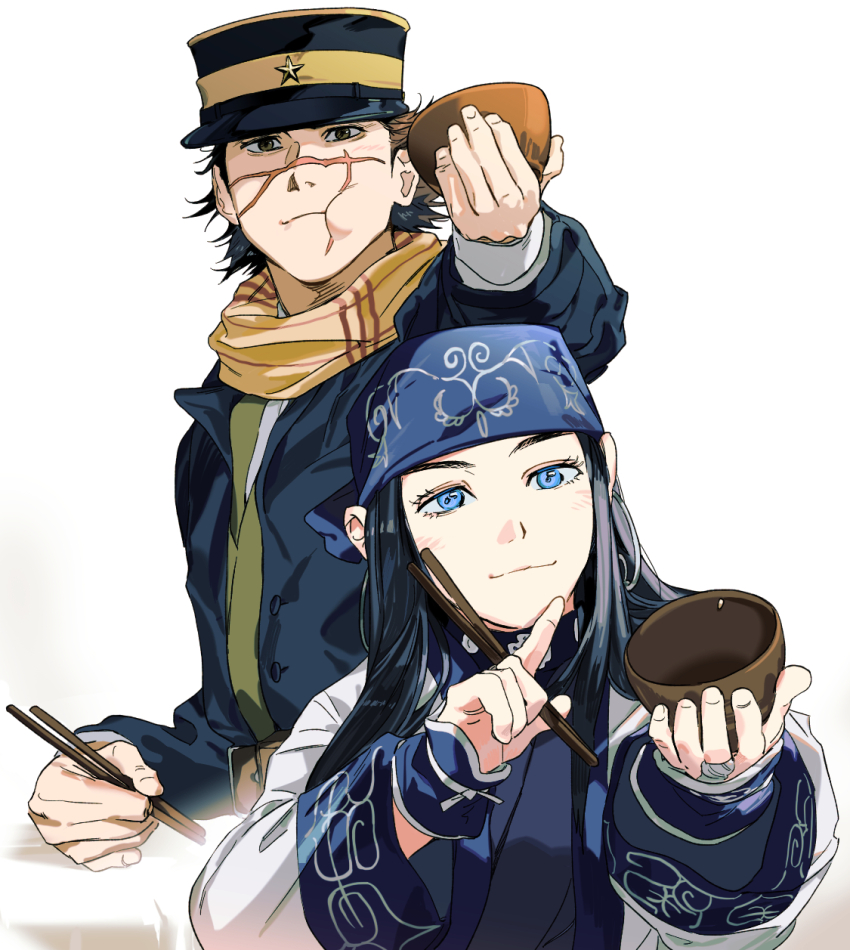 ainu, ainu_clothes, asirpa, bandana, black_hair, blue_bandana, blue_eyes, bowl, cape, chewing, chopsticks, cloak, commentary, earrings, eating, english_commentary, facial_scar, fur_cape, fur_cloak, golden_kamuy, hat, highres, holding, holding_bowl, holding_chopsticks, hoop_earrings, imperial_japanese_army, jewelry, kepi, luke_skyfaller, mature_male, military_hat, rice, scar, scar_on_cheek, scar_on_face, scar_on_mouth, scar_on_nose, smile, sugimoto_saichi