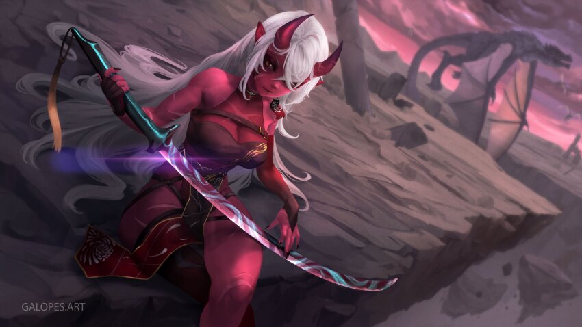 1girl, absurdres, akumi_(yoclesh), breasts, bridal_gauntlets, cleavage, colored_skin, crossed_legs