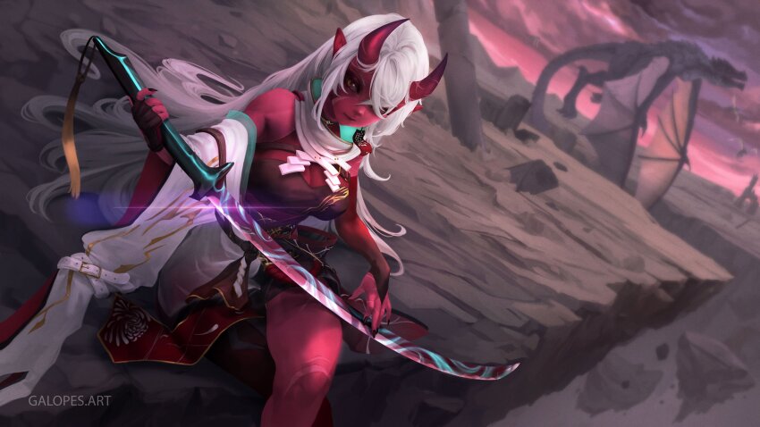 1girl, absurdres, akumi_(yoclesh), breasts, bridal_gauntlets, cleavage, colored_skin, crossed_legs, detached_sleeves, dragon, elbow_gloves, fingerless_gloves, galopes, gloves, hair_between_eyes, hair_over_one_eye, highres, holding, holding_sword, holding_weapon, horns, indie_virtual_youtuber, katana, large_breasts, long_hair, looking_at_viewer, oni, pointy_ears, red_horns, red_oni, red_skin, scar, scar_on_face, scar_on_hand, scar_on_leg, single_bridal_gauntlet, single_detached_sleeve, single_elbow_glove, single_fingerless_glove, sitting, solo, sword, virtual_youtuber, weapon, white_hair, yellow_eyes