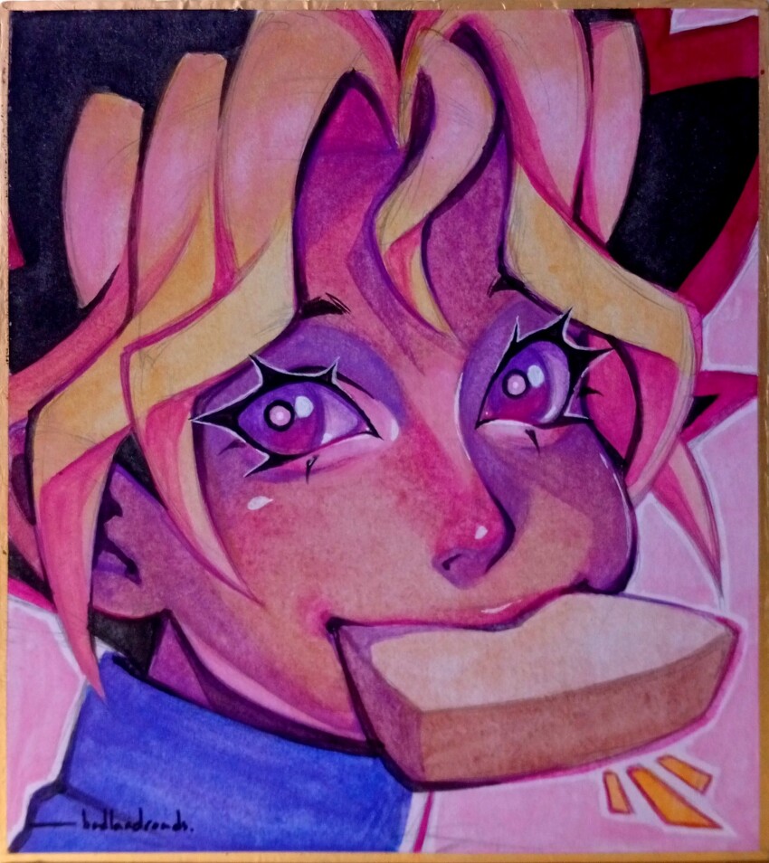 1boy, artist_name, black_hair, blonde_hair, blue_shirt, border, bread, bread_slice