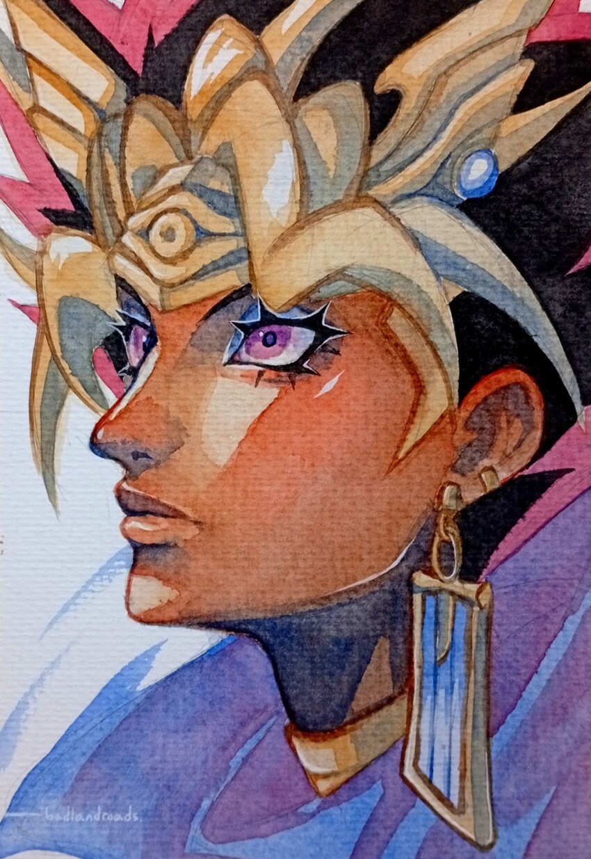 1boy, artist_name, black_hair, blonde_hair, blue_eyeshadow, character_request, choker, commentary