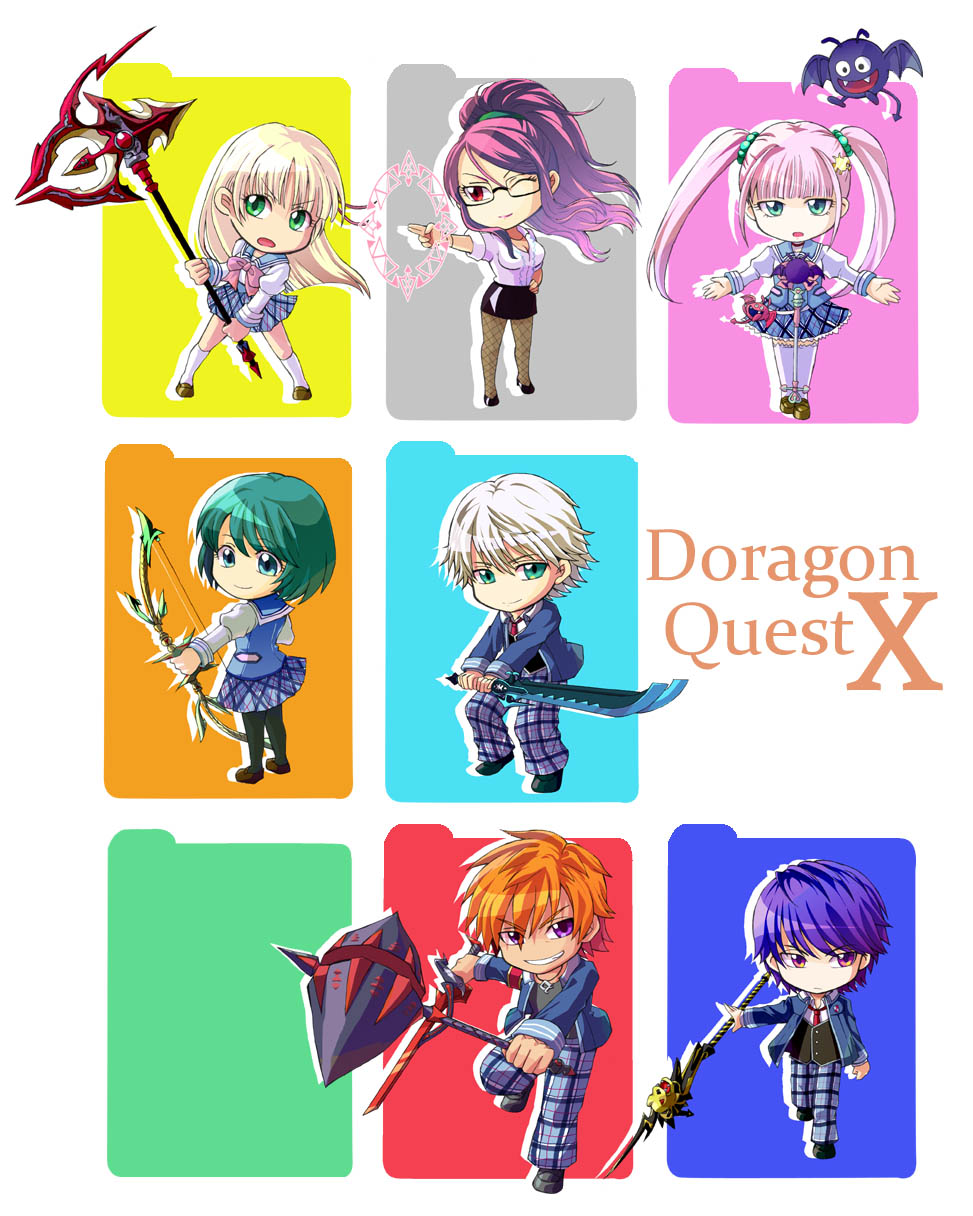 1other, 3boys, 4girls, aizel_(dq10), aqua_eyes, aqua_hair, axe, black-framed_eyewear