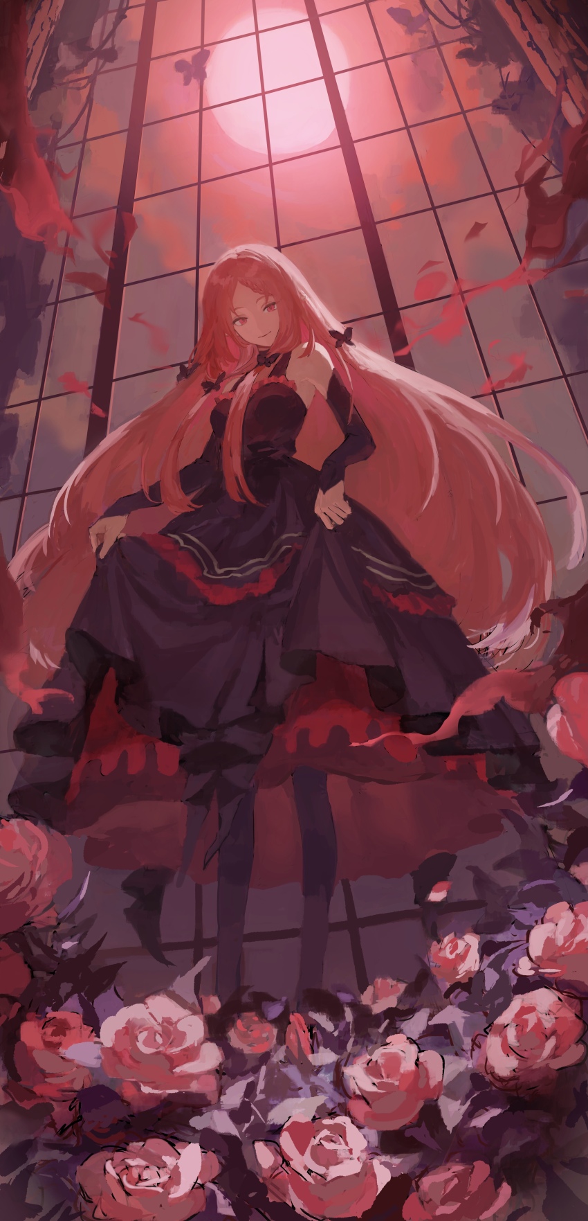 1girl, absurdres, clothes_lift, detached_sleeves, dress, dress_lift, elisabeth_(kagejitsu), flower