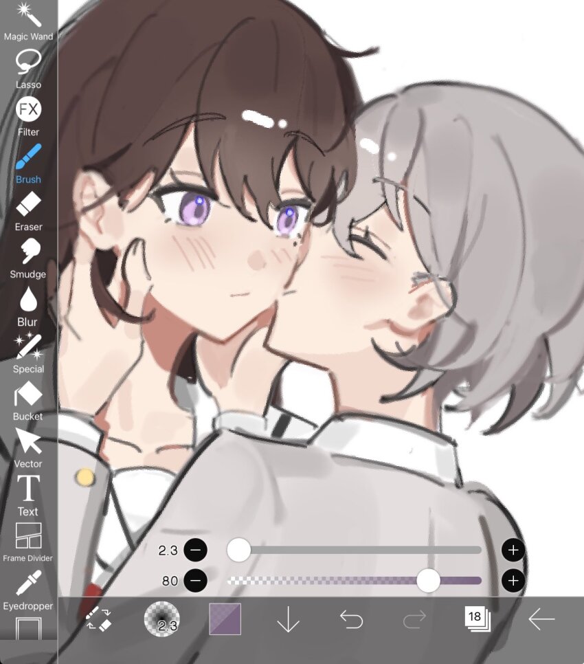 2girls, art_program_in_frame, bang_dream!, bang_dream!_it's_mygo!!!!!, blush, brown_hair, closed_eyes, closed_mouth