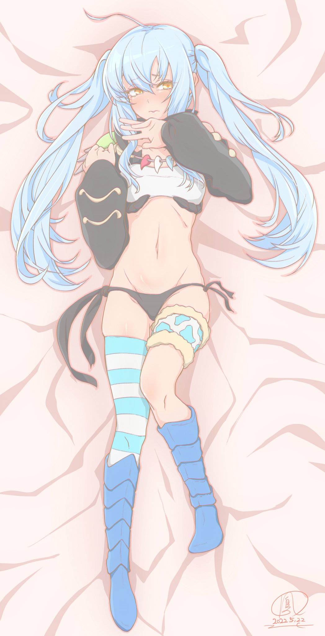 1girl, bed, black_panties, blue_hair, blue_nails, blue_thighhighs, blush, bra, cosplay, highres, jewelry, long_hair, lying, milim_nava, milim_nava_(cosplay), necklace, ootori_karen, panties, rimuru_tempest, stomach, symbol-shaped_pupils, tensei_shitara_slime_datta_ken, thighhighs, twintails, underwear, white_bra