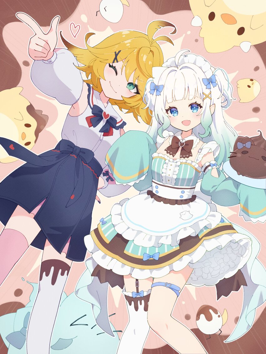 2girls, absurdres, ahoge, apron, aqua_dress, aqua_eyes, aqua_hair, asymmetrical_legwear, blonde_hair, blue_eyes, blue_skirt, bow, bowtie, closed_mouth, commission, detached_sleeves, dokibird, dragoon_(dokibird), dress, frills, gradient_hair, haru_(haru1bc6c4), heart, highres, indie_virtual_youtuber, long_hair, maid_headdress, mint_fantome, multicolored_hair, multiple_girls, one_eye_closed, open_mouth, pointing, pointy_ears, second-party_source, shirt, short_hair, single_thighhigh, skirt, smile, thighhighs, triangular_headpiece, two_side_up, virtual_youtuber, white_apron, white_hair, white_shirt, wisps_(mint_fantome)