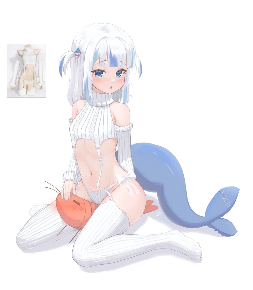 1girl, absurdres, blue_eyes, blue_hair, breasts, cropped_sweater, ebi-chan_(gawr_gura), fins