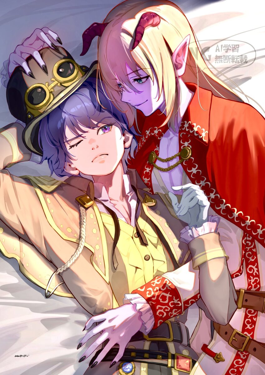 2boys, alternate_costume, arm_behind_head, azbar_(dragon_quest), belt, black_belt, black_nails, blonde_hair