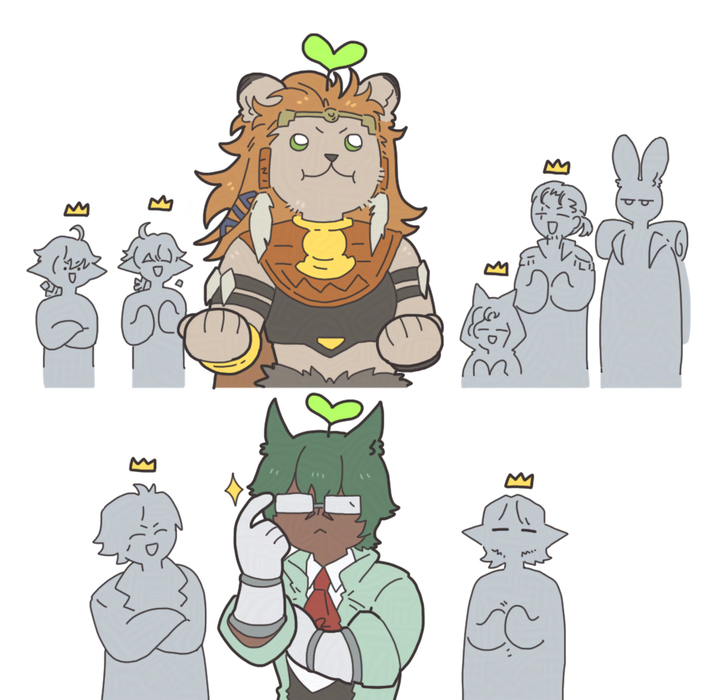 3girls, 6+boys, :3, adjusting_eyewear, alisaie_leveilleur, alphinaud_leveilleur, animal_ears, cat_ears, dark-skinned_male, dark_skin, erenville, ff14monday, final_fantasy, final_fantasy_xiv, gameplay_mechanics, glasses, green_eyes, hrothgar, hyur, koana_(ff14), krile_baldesion_(ff14), lalafell, lion_ears, lion_girl, miqo'te, multiple_boys, multiple_girls, orange_hair, pointy_ears, rabbit_ears, thancred_waters, upper_body, urianger_augurelt, viera, warrior_of_light_(ff14), wuk_lamat