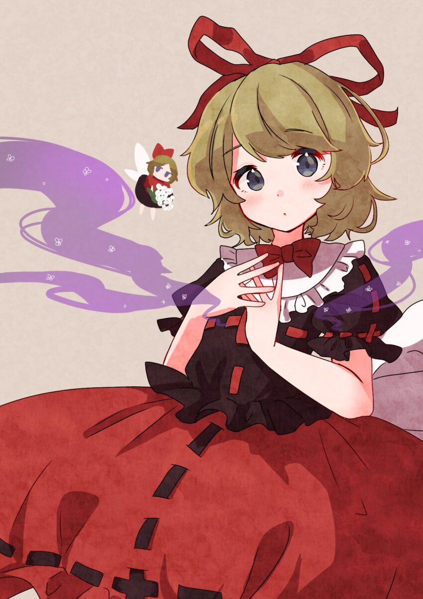 2girls, black_shirt, black_skirt, blonde_hair, blue_eyes, bow, bubble_skirt, closed_mouth