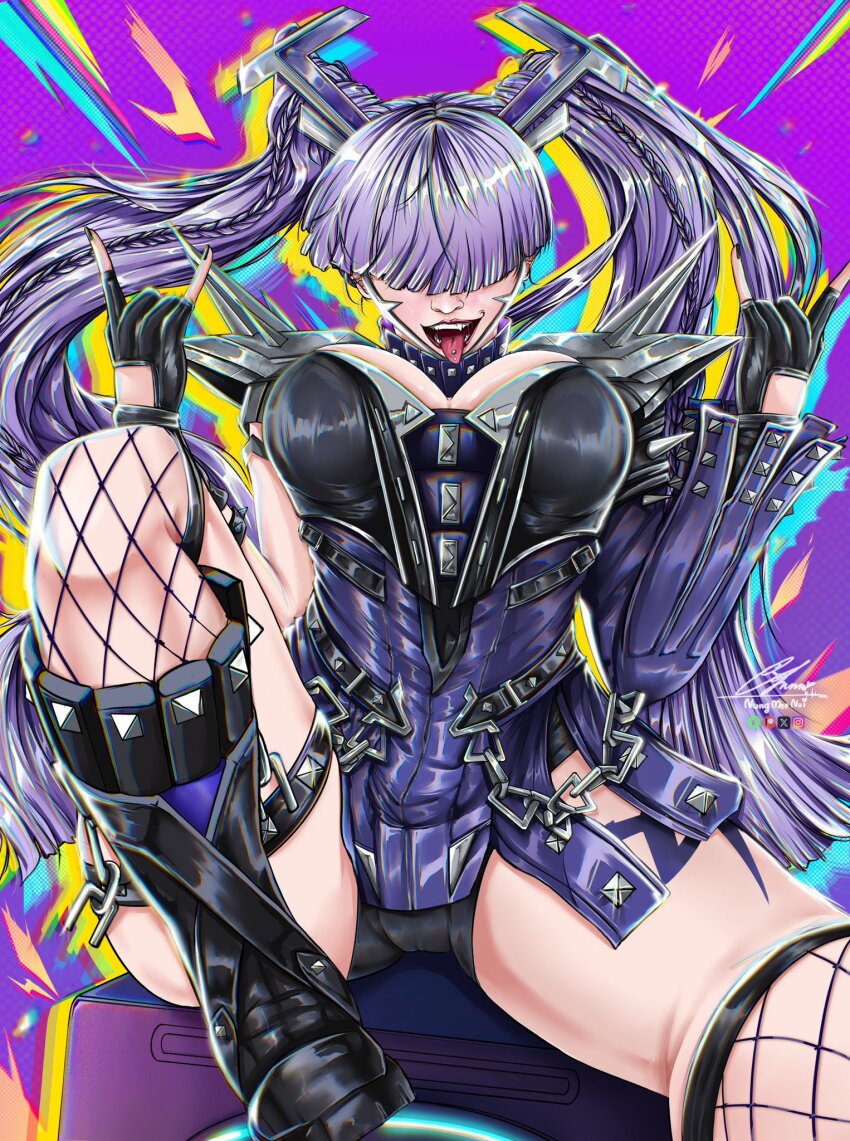 1girl, \m/, black_boots, black_gloves, boots, breasts, cleavage, fingerless_gloves