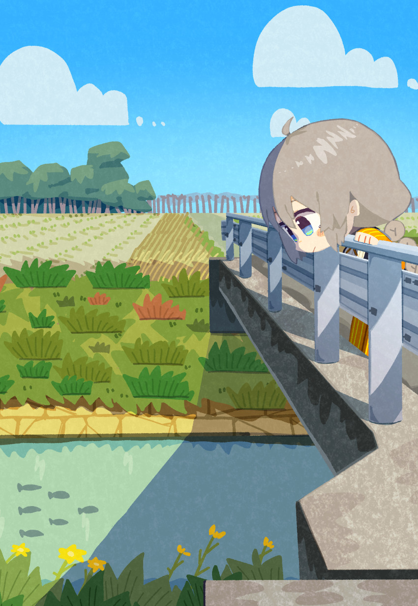 1girl, absurdres, ahoge, blue_eyes, blue_sky, blush_stickers, braid, bridge