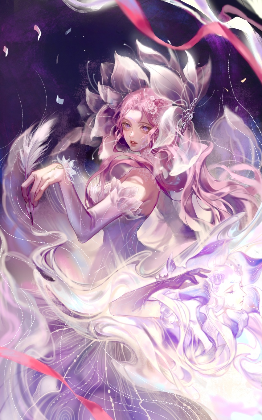 1girl, absurdres, character_request, chinese_commentary, chongjiu_yi_kuang_yan, closed_eyes, collar, colored_skin, commentary_request, cowboy_shot, detached_sleeves, dress, expressionless, floating_clothes, floating_hair, flower_as_hat, frilled_sleeves, frills, gown, gradient_skin, hand_up, hat, high_collar, highres, holding, holding_quill, lace_collar, lipstick, long_dress, long_hair, long_sleeves, looking_at_viewer, makeup, multiple_views, nikki_(series), outstretched_hand, parted_lips, petals, pink_hair, purple_background, purple_eyes, purple_skin, purple_sleeves, quill, red_lips, see-through_clothes, see-through_headwear, shining_nikki, sidelocks, strapless, strapless_dress, teeth, very_long_hair, white_collar, white_hat