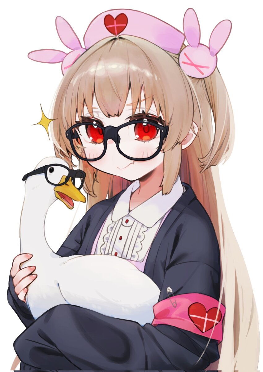 1girl, animal, apron, bird, black-framed_eyewear, black_cardigan, brown_hair, cardigan