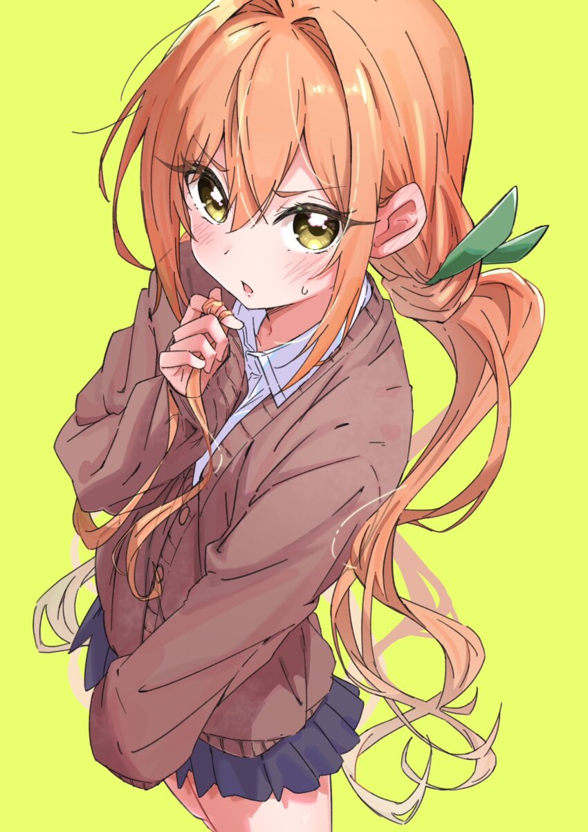 1girl, black_skirt, blush, brown_cardigan, cardigan, collared_shirt, commentary, cowboy_shot