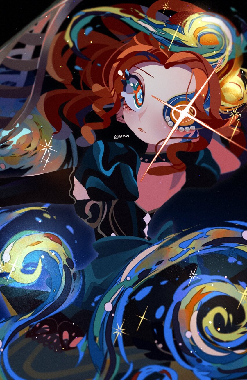 +_+, 1girl, black_choker, blue_eyes, brynhildr_vilulf, brynhildr_vilulf_(the_anachronic_vilulf), choker, dress, frilled_dress, frills, gown, highres, identity_v, multicolored_dress, multicolored_eyes, nassui_shumi, one_eye_covered, orange_hair, red_hair, sky, star_(sky), star_(symbol), star_in_eye, starry_sky, swirl, symbol_in_eye