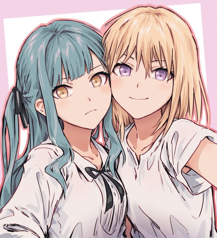 2girls, armpit_peek, bad_id, bad_twitter_id, bang_dream!, bang_dream!_it's_mygo!!!!!, black_ribbon, blonde_hair